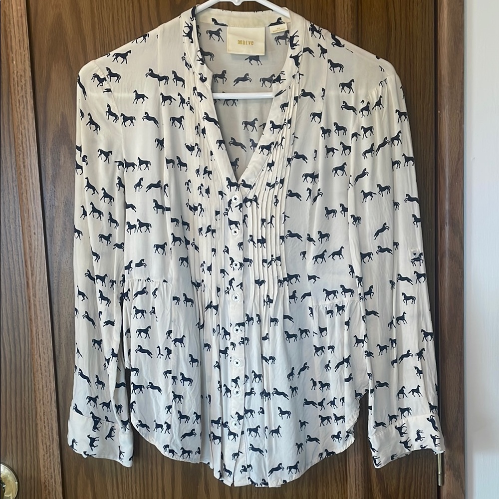 Anthropologie Cream Pleated Mandarin Collar Blouse
